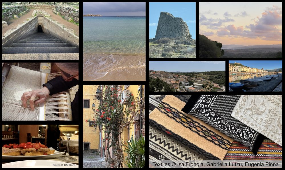 Photo collage of places in Sardinia and textiles