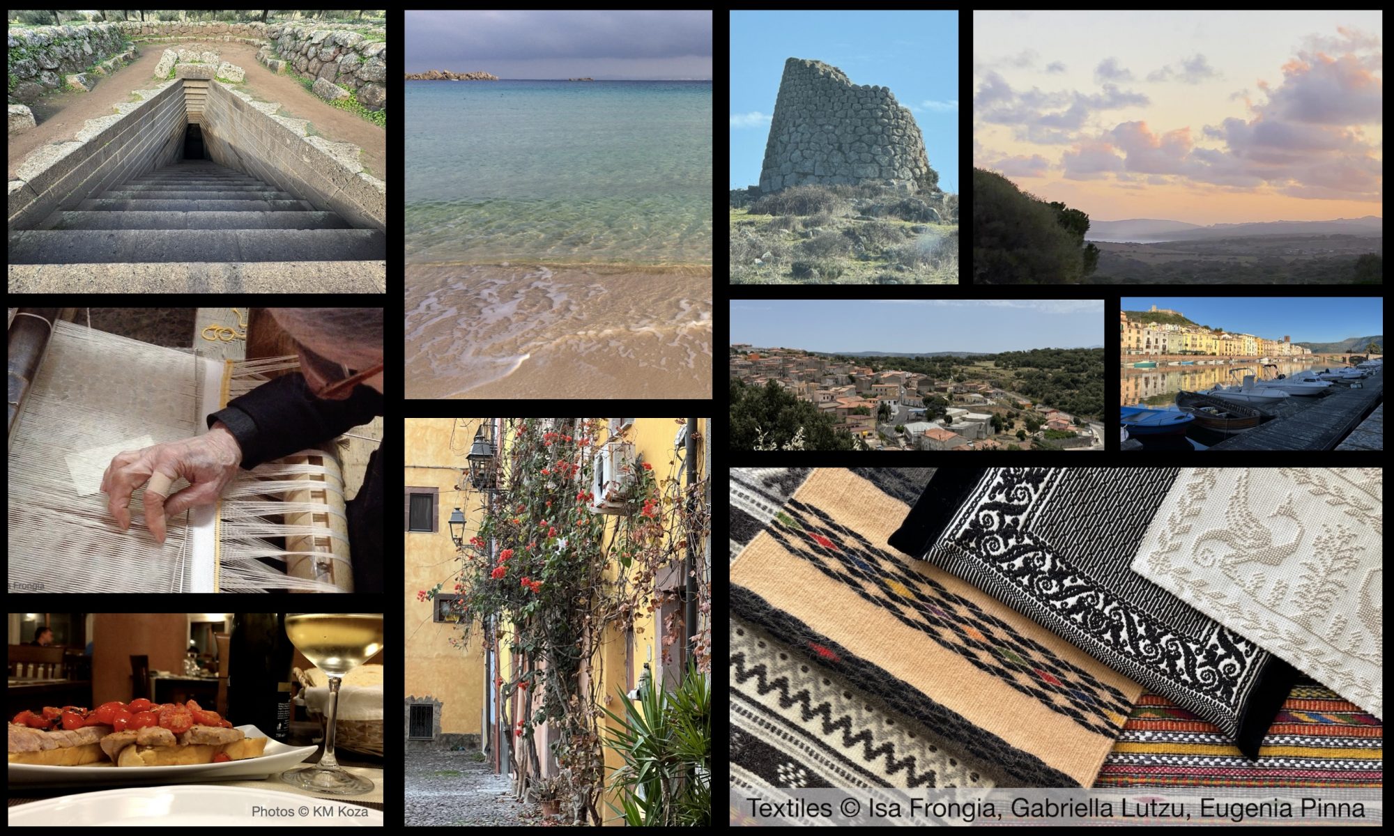 Photo collage of places in Sardinia and textiles