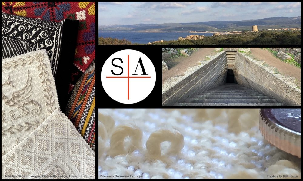 Photo collage of Sardinian textiles and locations with the Sardinian Arts logo.