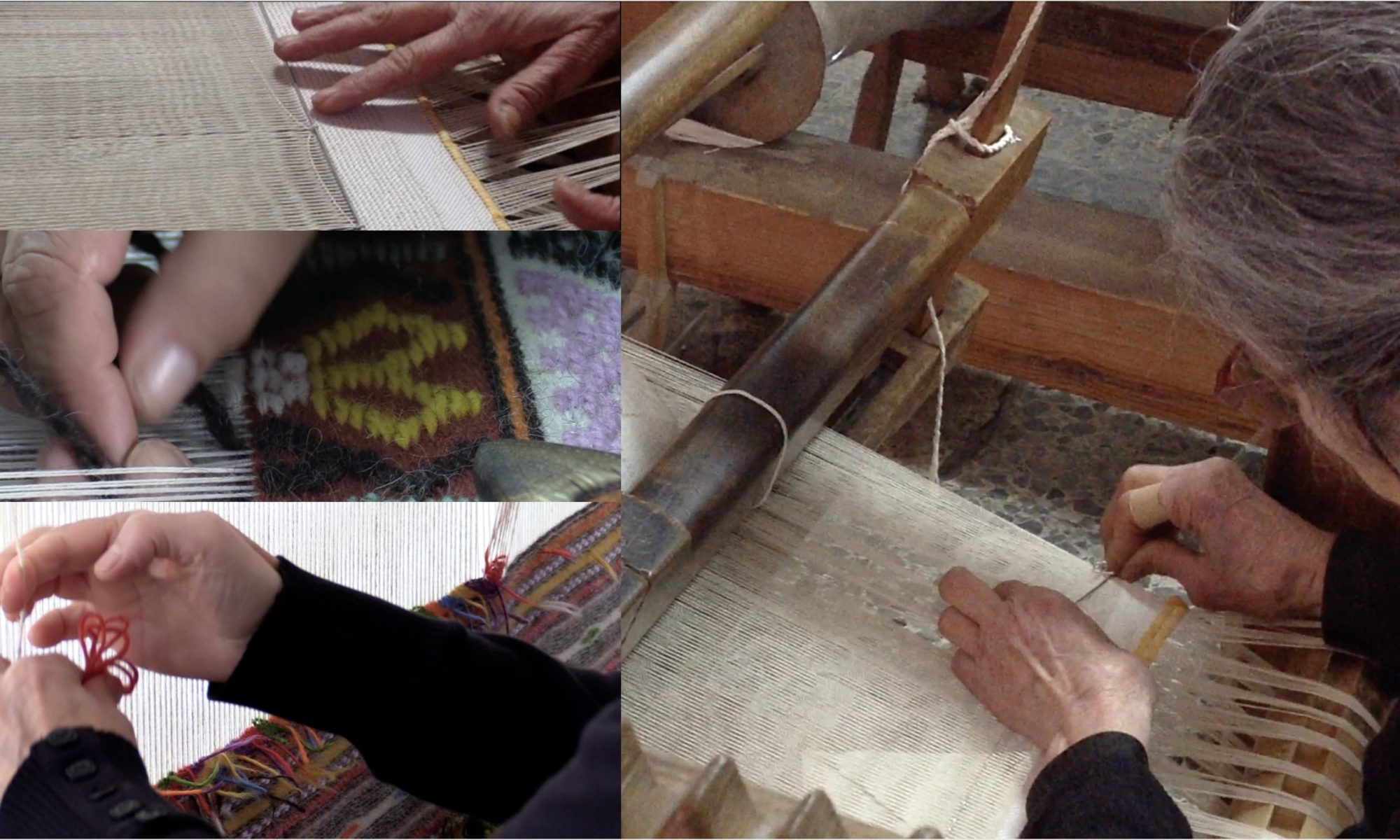 A photo collage of four photos with hands of women weavers