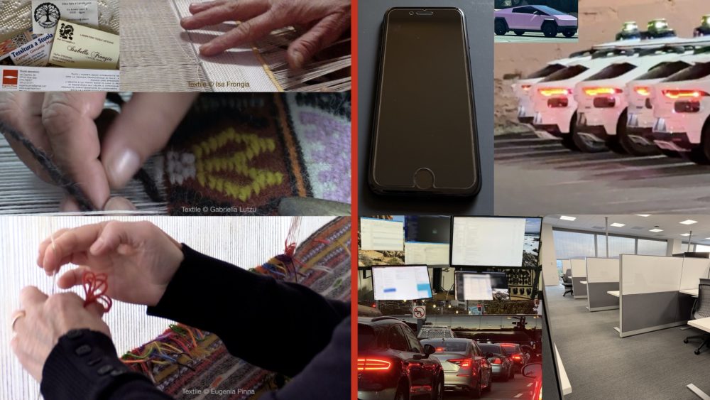 Photo collage with contrasting images of handmade textiles and high tech.