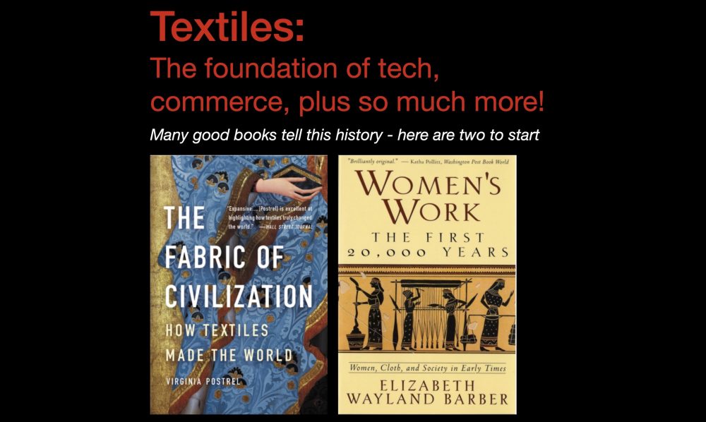 Two book covers with text encouraging you to read to learn about textiles history