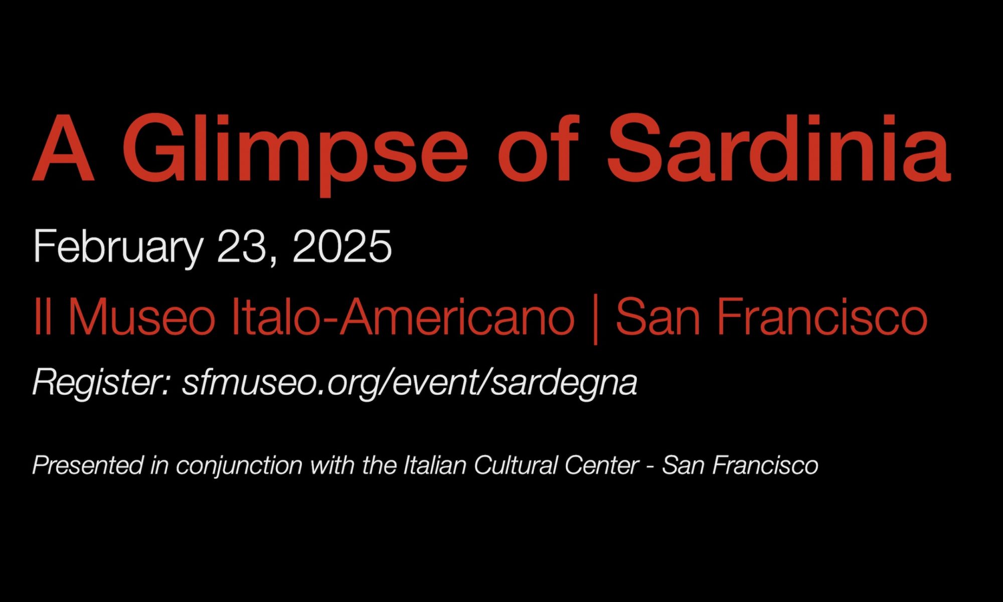 Text with dates and location of the event, A Glimpse of Sardinia