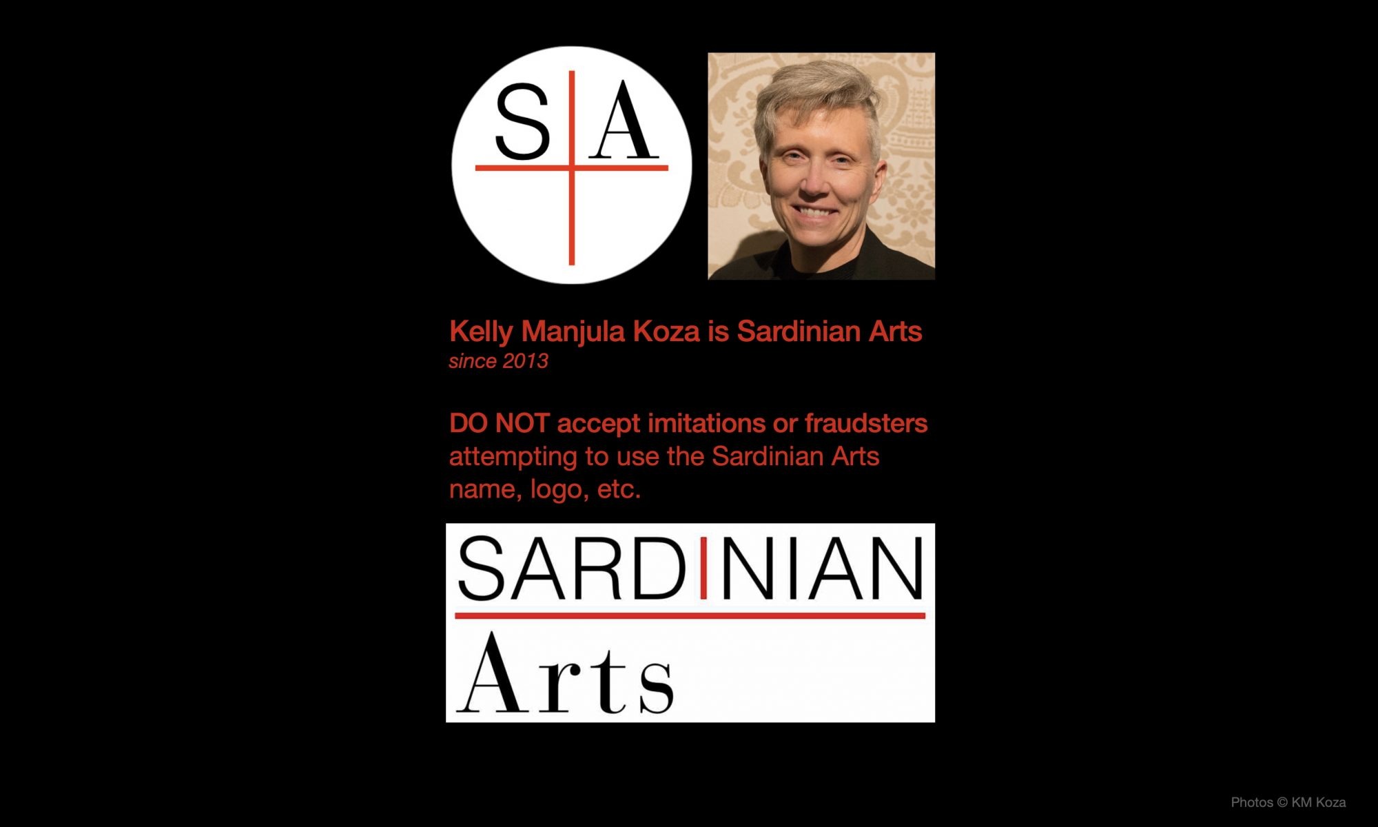 Sardinian Arts logos and founder, with warning about fraudsters