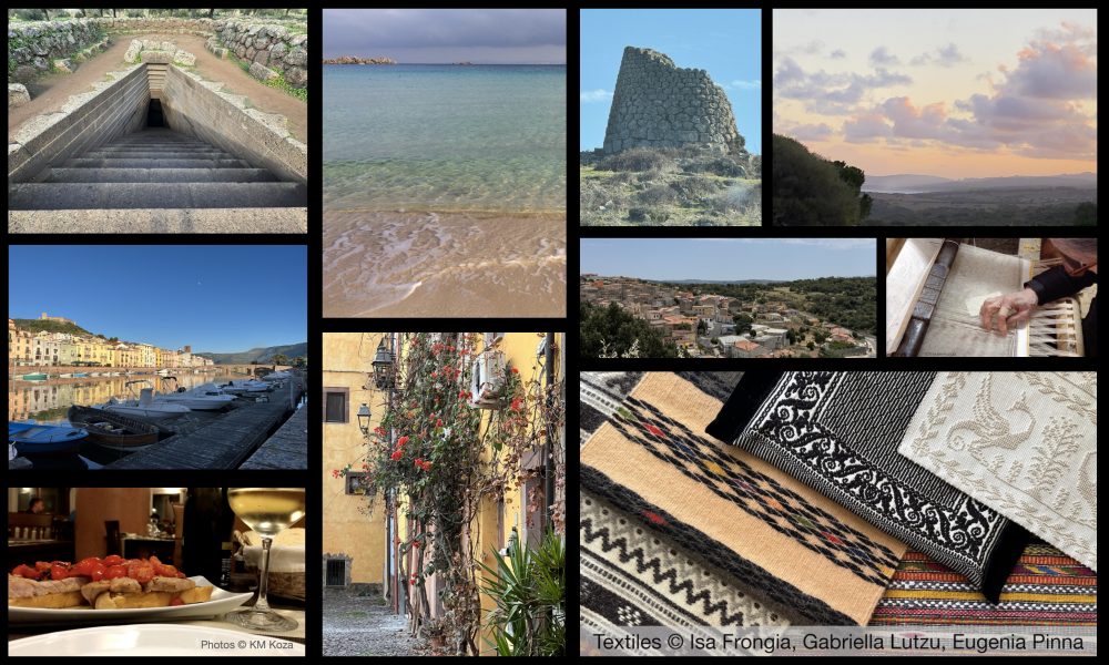 Photo collage of places in Sardinia, plus handweaver and textiles.