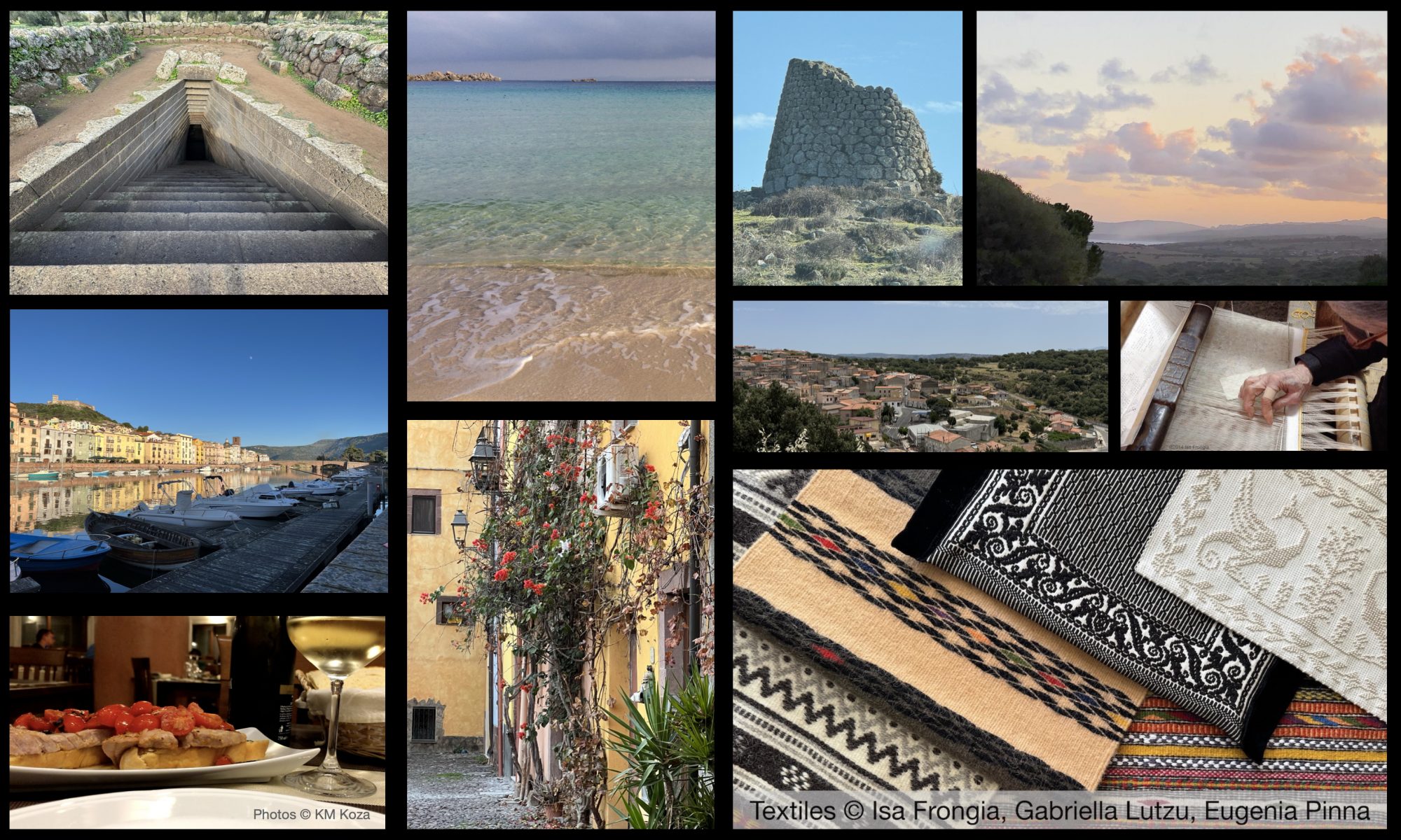 Photo collage of places in Sardinia, plus handweaver and textiles.