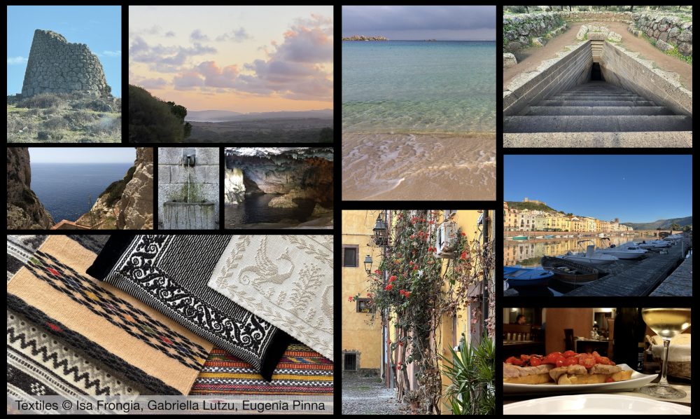 Photo collage of places in Sardinia, including cavern, fountain, and textiles.