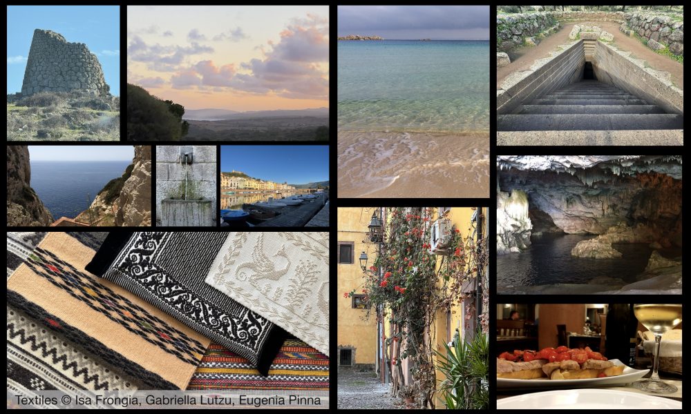 Photo collage of places in Sardinia, including cavern, fountain, sacred spaces, and textiles.