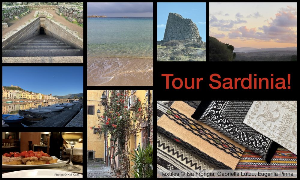 Photo collage of Sardinian locations with text stating Tour Sardinia.